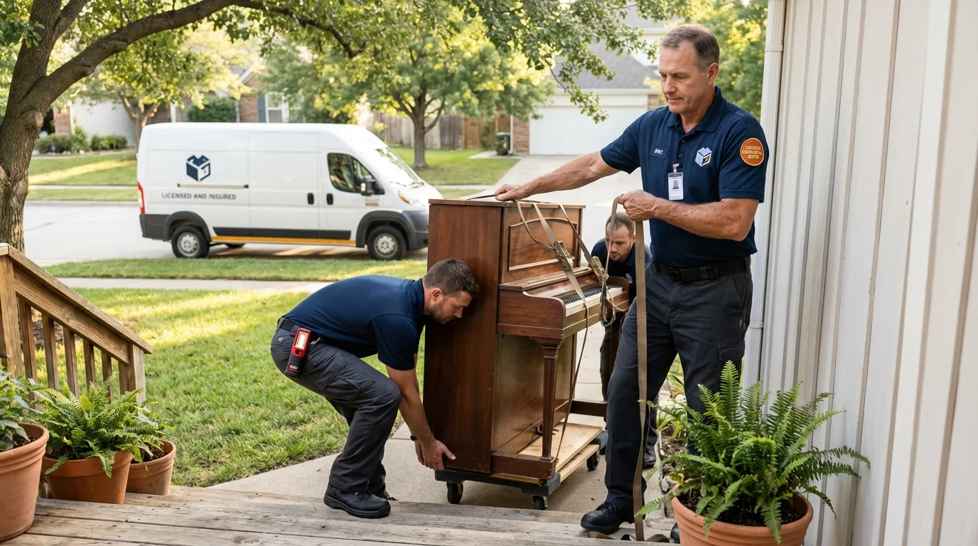 Licensed piano movers securing grand piano in Bruceton, TN