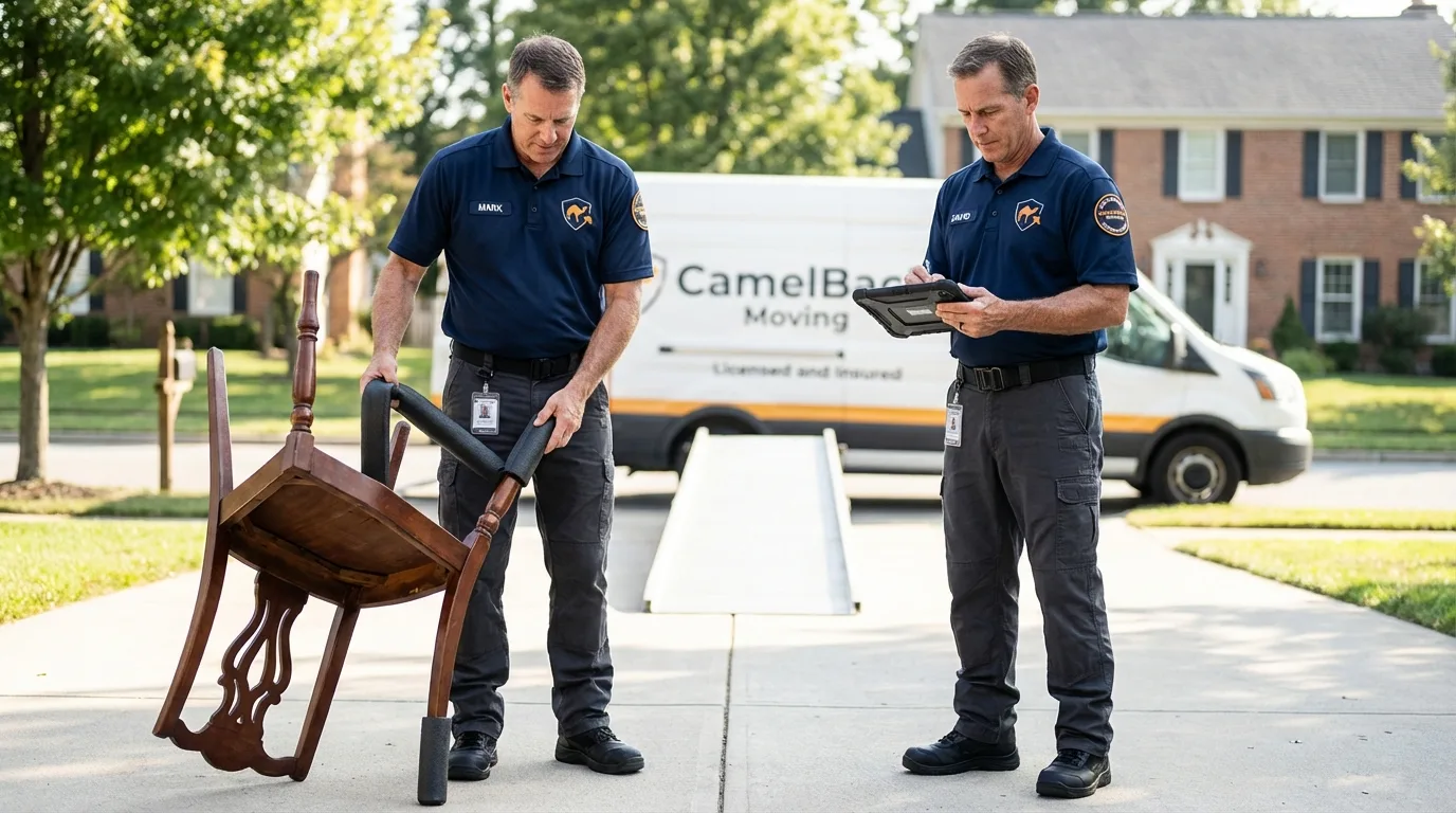 Movers inspecting furniture for damage prevention before loading in Bruceton, TN