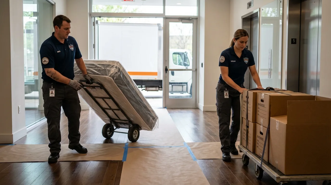 Professional apartment movers loading elevator in Bruceton, TN